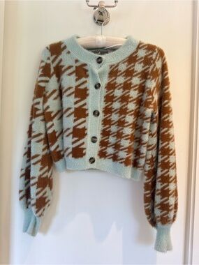 For Love & Lemons Mint and Brown Houndstooth Cropped Cardigan